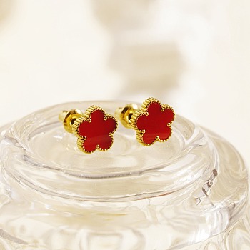 Golden 304 Stainless Steel Flower Stud Earrings with Natural Shell, Red, 9mm