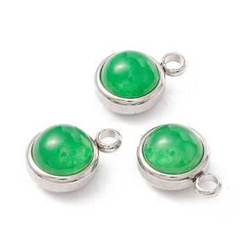 Natural Dyed Jade Charms, with 304 Stainless Steel Findings, Half Round, Stainless Steel Color, 13.5x10x7.5mm, Hole: 2.5mm
