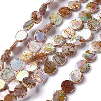 Natural Drawbench Freshwater Shell Beads Strands, AB Color Plated, Flat Round, Seashell Color, 11.5x2.5mm, Hole: 0.7mm, about 34pcs/strand, 15.16''(38.5cm)