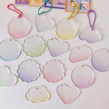Gradient Style Transparent Acrylic Keychain, with Plastic Ball Chains, with Glitter Powder, Mixed Shapes, Mixed Color, 9x10.7cm, 15pcs/set