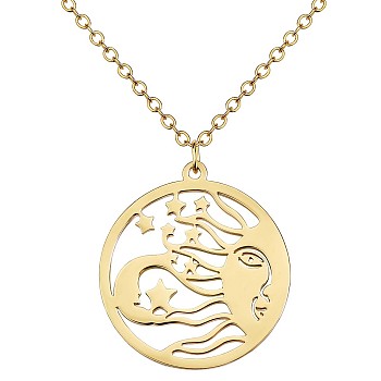 Titanium Steel Celestial Sun Moon and Star Pendant Necklace, Lucky Motif Amulet Necklace, Flat Round Hollow Necklace Jewelry Gift for Women, Golden, 17.72 inch(45cm)