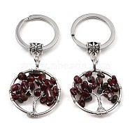 Natural Garnet Flat Round with Tree of Life Pendant Keychain, with Iron Key Rings and Brass Finding, 6.5cm(KEYC-E023-03R)