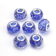 Handmade Luminous Lampwork European Beads, with Brass Double Cores, Large Hole Beads, Rondelle, Blue, 14~14.5x10~11mm, Hole: 5mm(LAMP-Q029-35B)