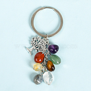 Natural Gmestone Cluster Keychain, Tumbled Stone, Alloy Tree of Life Charms Keychain, 8.3cm(G-PW0007-043E)