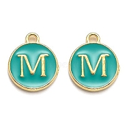 Golden Plated Alloy Enamel Charms, Enamelled Sequins, Flat Round with Alphabet, Letter.M, Green, 14x12x2mm, Hole: 1.5mm(ENAM-Q437-15M)