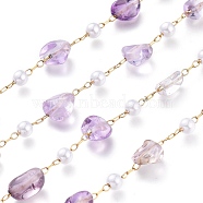 304 Stainless Steel Link Chains, with Glass Pearl & Natural Ametrine Nuggets Beads, Long-Lasting Plated, Unwelded, with Spool, Golden, Stone: 5~9.5x5~11x3.5~7.5mm, about 32.8 Feet(10m)/roll(CHS-K009-04G-D)