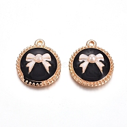 Light Gold Plated Alloy Enamel Pendants, with Acrylic Imitation Pearl, Flat Round with Bowknot, Black, 22.5x19.5x6.5mm, Hole: 1.5mm(PALLOY-TAC0011-08)