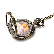 Alloy Glass Pendant Pocket Necklace, Electronic Watches, with Iron Chains and Lobster Claw Clasps, Flat Round with Human, Antique Bronze, 18.39 inch(46.7cm), watches: 59x45x14mm(WACH-S002-05AB)