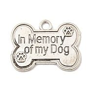 Tibetan Style Alloy Pendants, Bone Shape Charms, with Word In Memory Of My Dog, Antique Silver, 19x25x1.5mm, Hole: 2.5mm(TIBE-L013-07AS)