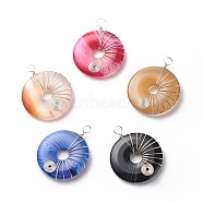 Natural Striped Agate/Banded Agate Pendants, Dyed, with Eco-Friendly Copper Wire Wrapped, Donut/Pi Disc Charm, Mixed Color, Silver, 36x30x5mm, Hole: 4mm(PALLOY-JF01818-02)