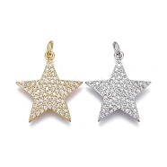 Brass Micro Pave Clear Cubic Zirconia Pendants, Long-Lasting Plated, Star, Mixed Color, 20x19x2mm, Jump Rings: 5x1mm, Inner Diameter: 3mm(ZIRC-M108-28)