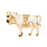 Zinc Alloy Crystal Rhinestone Brooch, Horse White Enamel Pins, Golden, 31x38.5mm(JEWB-U010-04G-04)