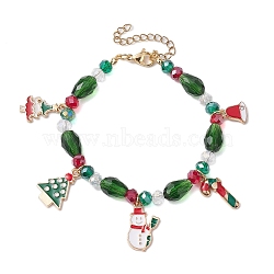 Christmas Tree & Snowman & Bell Alloy Enamel Charm Bracelets, Teardrop Glass Bracelets for Women, Golden, 7-5/8 inch(19.3cm)(BJEW-TA00506)