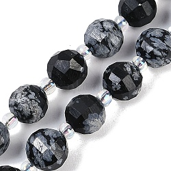 Natural Snowflake Obsidian Beads Strands, Faceted, Lantern, with Seed Beads, 8mm, Hole: 0.9mm, about 38~41pcs/strand, 15.31~15.51 inch''(38.9~39.4cm)(G-G182-B35-03)