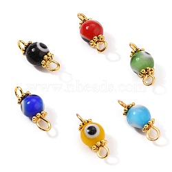 Golden Plated Handmade Lampwork link Connectors, with Alloy Spacer Beads and Iron Eye Pin, Round with Evil Eye, Mixed Color, 14x6mm, Hole: 1.8mm(PALLOY-JF00544)