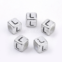 Plated Acrylic Beads, Horizontal Hole, Cube with Letter, Antique Silver, Letter.L, 6mm, Hole: 3mm, about 3000pcs/500g(PB43C9308-L)