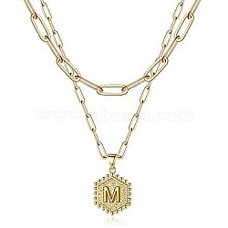 Real 18K Gold Plated Stainless Steel Paperclip Chains Double Layer Necklaces, Hexagon with Initial Letter Pendant Necklace, Letter M, 14.17 inch(36cm)(AN1969-9)