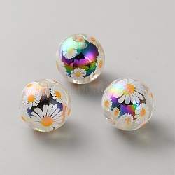 UV Plating Printed Transparent Acrylic Beads, Bead in Bead, Iridescence, Round with Daisy Pattern, Colorful, 15.5mm, Hole: 2.5mm(TACR-WH0013-19A)