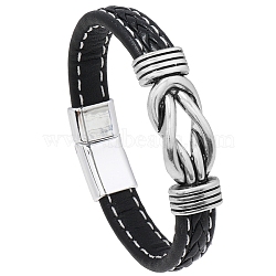Minimalist Punk Alloy Hollow Knot Link Bracelet, PU Leather Cord Bracelet with Magnetic Buckles, Black, 8-7/8 inch(22.5cm)(PW-WG78920-06)