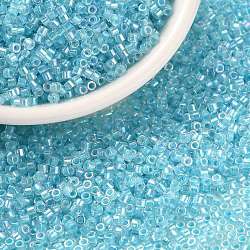 Cylinder Seed Beads, Uniform Size, Transparent Colours Rainbow, Cyan, 2x1.3~1.5mm, Hole: 0.8~1mm, about 888pcs/10g(X-SEED-H001-A03)