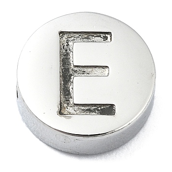 Tarnish Resistant 304 Stainless Steel Beads, Flat Round with Letter, Stainless Steel Color, Letter E, 8x3mm, Hole: 1.6mm