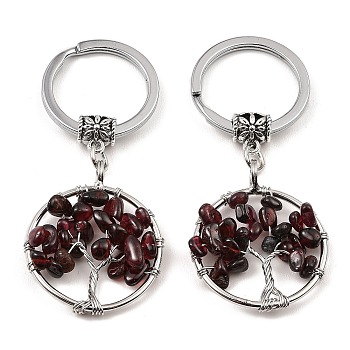 Natural Garnet Flat Round with Tree of Life Pendant Keychain, with Iron Key Rings and Brass Finding, 6.5cm