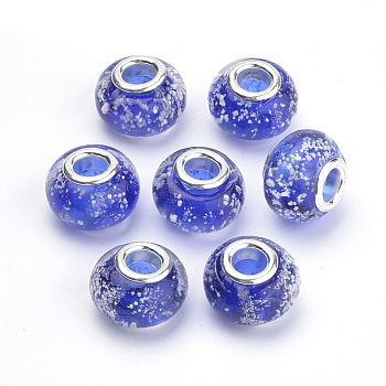 Handmade Luminous Lampwork European Beads, with Brass Double Cores, Large Hole Beads, Rondelle, Blue, 14~14.5x10~11mm, Hole: 5mm