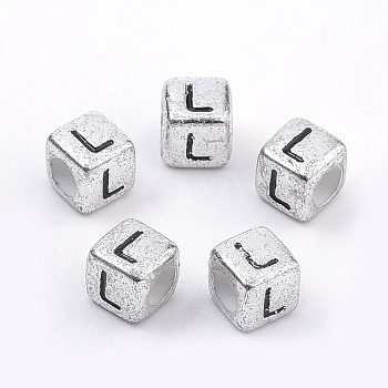 Plated Acrylic Beads, Horizontal Hole, Cube with Letter, Antique Silver, Letter.L, 6mm, Hole: 3mm, about 3000pcs/500g