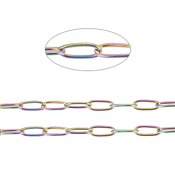 Ion Plating(IP) 304 Stainless Steel Paperclip Chains, Soldered, with Spool, Rainbow Color, 5.5x2.2x0.5mm, 10m/roll