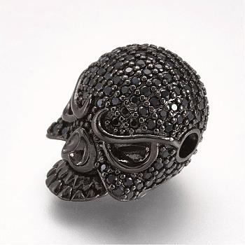 Brass Micro Pave Cubic Zirconia Beads, Skull, Gunmetal, 19.5x14.5x13mm, Hole: 3mm