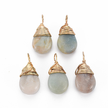 Natural Flower Amazonite Pendants, with Golden Brass Findings, Teardrop, 24~26x13x8mm, Hole: 4~5x2~3mm