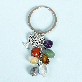 Natural Gmestone Cluster Keychain, Tumbled Stone, Alloy Tree of Life Charms Keychain, 8.3cm