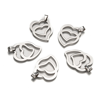 Heart to Heart 304 Stainless Steel Pendants, Stainless Steel Color, 39x30x1.5mm, Hole: 4x9mm