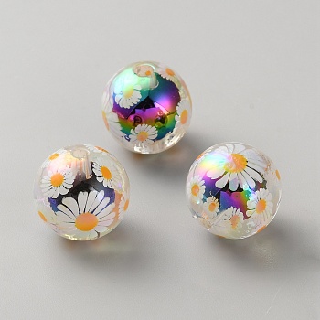 UV Plating Printed Transparent Acrylic Beads, Bead in Bead, Iridescence, Round with Daisy Pattern, Colorful, 15.5mm, Hole: 2.5mm
