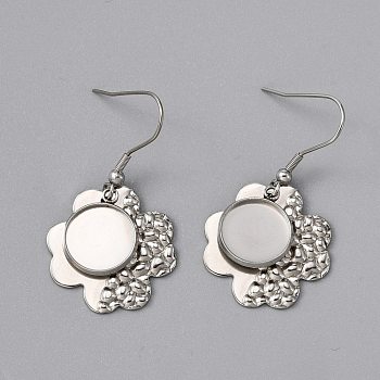 304 Stainless Steel Earring Hooks, with Flat Round Settings, Clover, Stainless Steel Color, 42mm, Pin: 1mm, Tray: 12mm