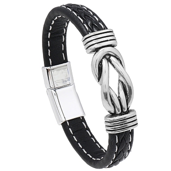 Minimalist Punk Alloy Hollow Knot Link Bracelet, PU Leather Cord Bracelet with Magnetic Buckles, Black, 8-7/8 inch(22.5cm)