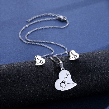 304 Stainless Steel Pendant Necklace & Stud Earring, Stainless Steel Color, Love Heart, 450mm