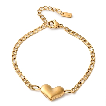 304 Stainless Steel Figaro Chain Heart Link Bracelets for Women, Golden, 6-1/4 inch(16cm)