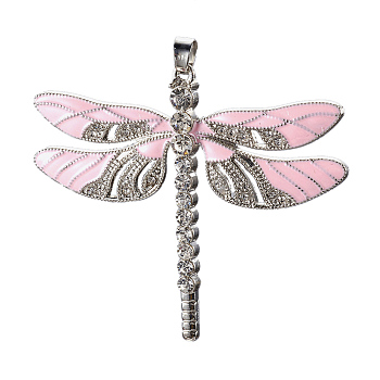 Alloy Enamel Big Pendants, with Rhinestone, Dragonfly, Platinum, Pink, 56~56.5x64x5mm, Hole: 5x6.5mm