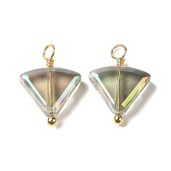AB Color Plated Glass Charms, with Real 18K Gold Plated Brass Loop, Triangle Charm, Tan, 14x10.5x3.5mm, Hole: 2mm
