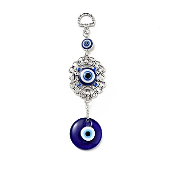 Lacy Flower Pendant Decorations, Handmade Lampwork & Alloy Rinestone & Resin Evil Eye Hanging Ornaments, Antique Silver, 158mm, Hole: 13.5x9.5mm