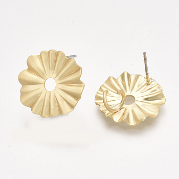 Smooth Surface Iron Stud Earring Findings, with Loop, Raw(Unplated) Pins, Cadmium Free & Lead Free, Flower, Matte Gold Color, 17.5x18.5mm, Hole: 3mm, Pin: 0.7mm