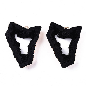 Druzy Resin Charms, with Edge Light Gold Plated Iron Loops, Twist Triangle , Black, 42x30x9mm, Hole: 1.8mm