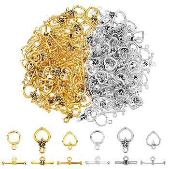 120 Sets 6 Styles Tibetan Style Alloy Toggle Clasps, Mixed Color, Ring: 14~21x11~13mm, Bar: 16.5~19mm, Hole: 1.5~2mm, 20sets/style