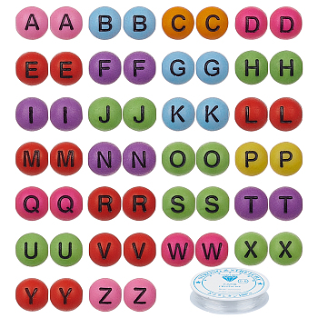 SUNNYCLUE Craft Acrylic Beads, Round with Mixed Initial Letters, with Clear Elastic Crystal Thread, Mixed Color, 7~8mm, Hole: 1.5mm, 300pcs/set