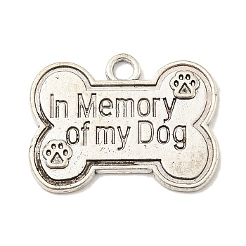 Tibetan Style Alloy Pendants, Bone Shape Charms, with Word In Memory Of My Dog, Antique Silver, 19x25x1.5mm, Hole: 2.5mm