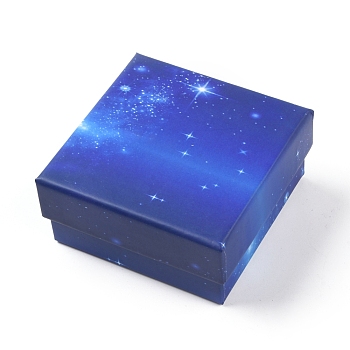 Starry Sky Pattern Cardboard Jewelry Boxes, with Sponge Inside, for Anniversaries, Weddings, Birthdays, Square, Blue, 7.55x7.55x3.7cm