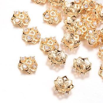 Multi-Petal Brass Bead Caps, with Rhinestone, Light Gold, 8x3mm, Hole: 1mm