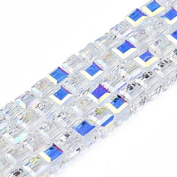 Electroplate Transparent Glass Beads Strands, AB Color Plated, Faceted, Cube, Clear AB, 4x4x4mm, Hole: 1.2mm, about 101pcs/strand, 17.13 inch(43.5cm)