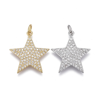 Brass Micro Pave Clear Cubic Zirconia Pendants, Long-Lasting Plated, Star, Mixed Color, 20x19x2mm, Jump Rings: 5x1mm, Inner Diameter: 3mm